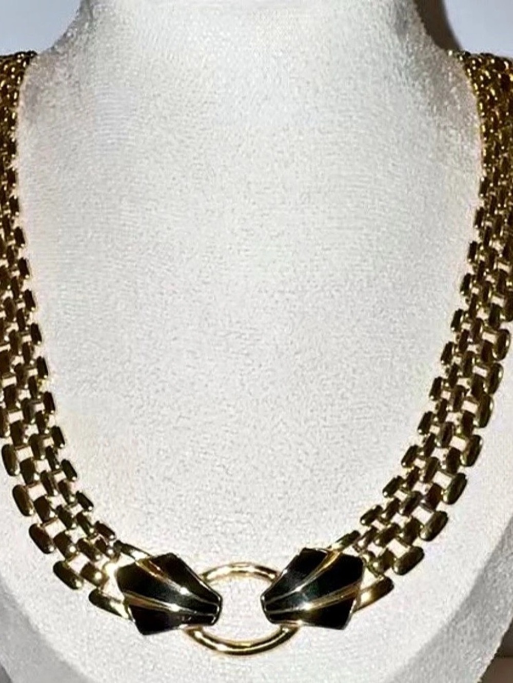 TRIFARI Vintage Signed Gold Panther Link Black Enamel Chevron 1980s Necklace